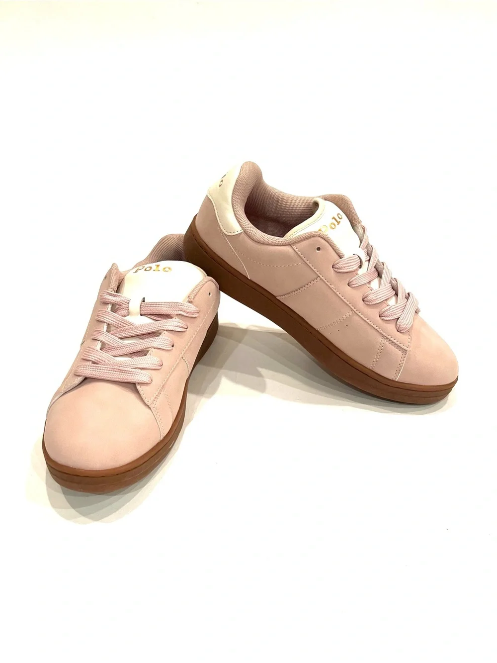 POLO Ralph Lauren Knollan Pink & Gold Logo Sneakers Padded Tongue Womens 6.5 NEW